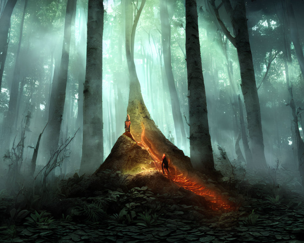 Mystical glow illuminates forest with lava-like split tree