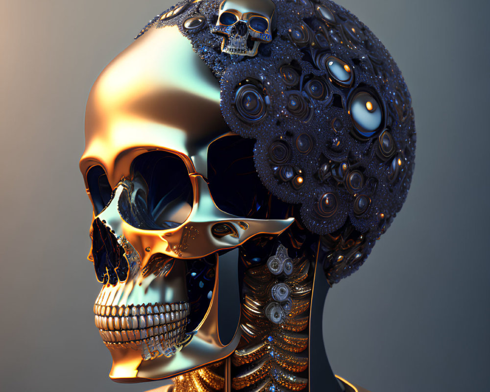 Golden robotic skull with intricate designs and smaller skull cranium section