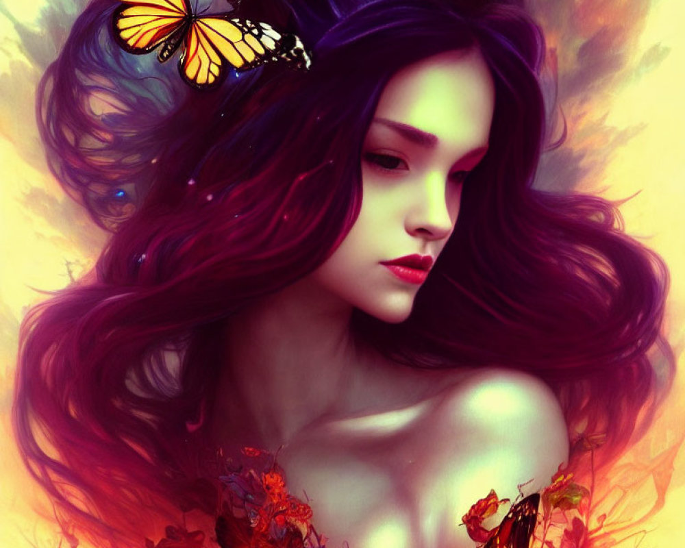 Digital artwork: Woman with purple hair, butterflies, and autumn leaves