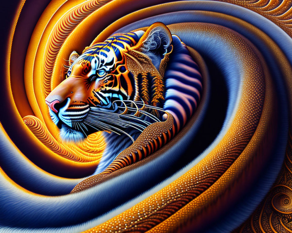 Vibrant Tiger Head in Blue, Orange, and Gold Swirls