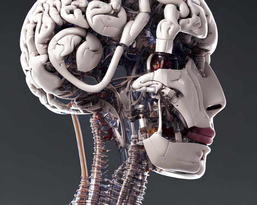 Detailed 3D Illustration of Humanoid Robot with Exposed Brain