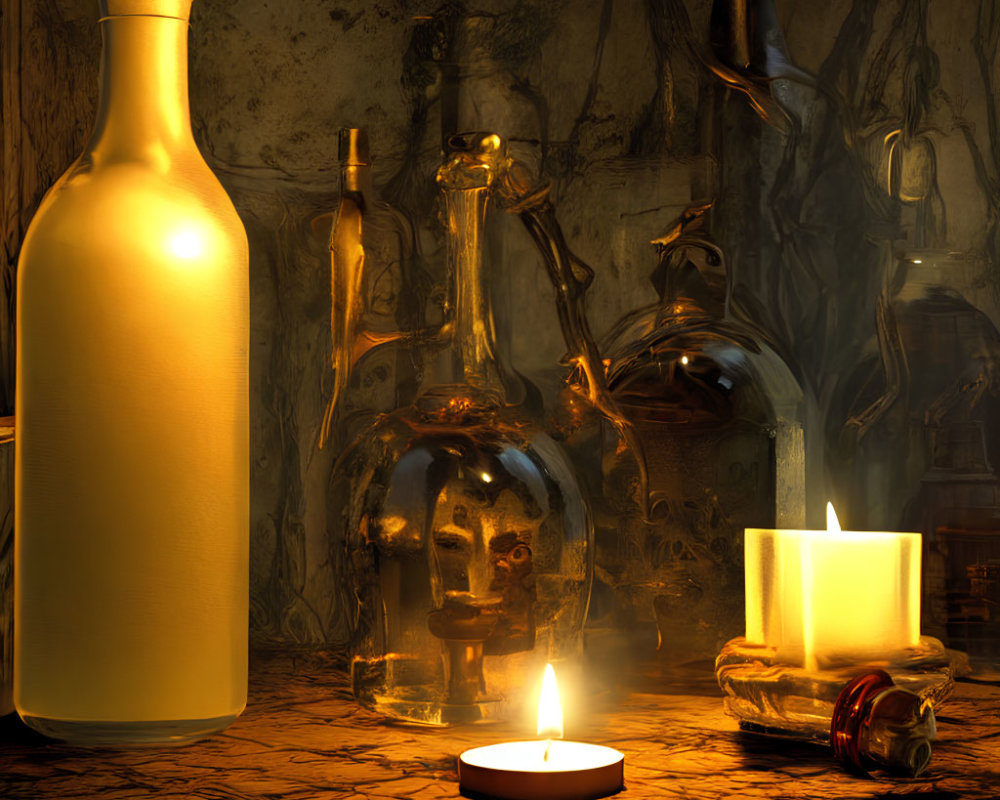 Dimly Lit Room with Glowing Candle and Glass Bottles