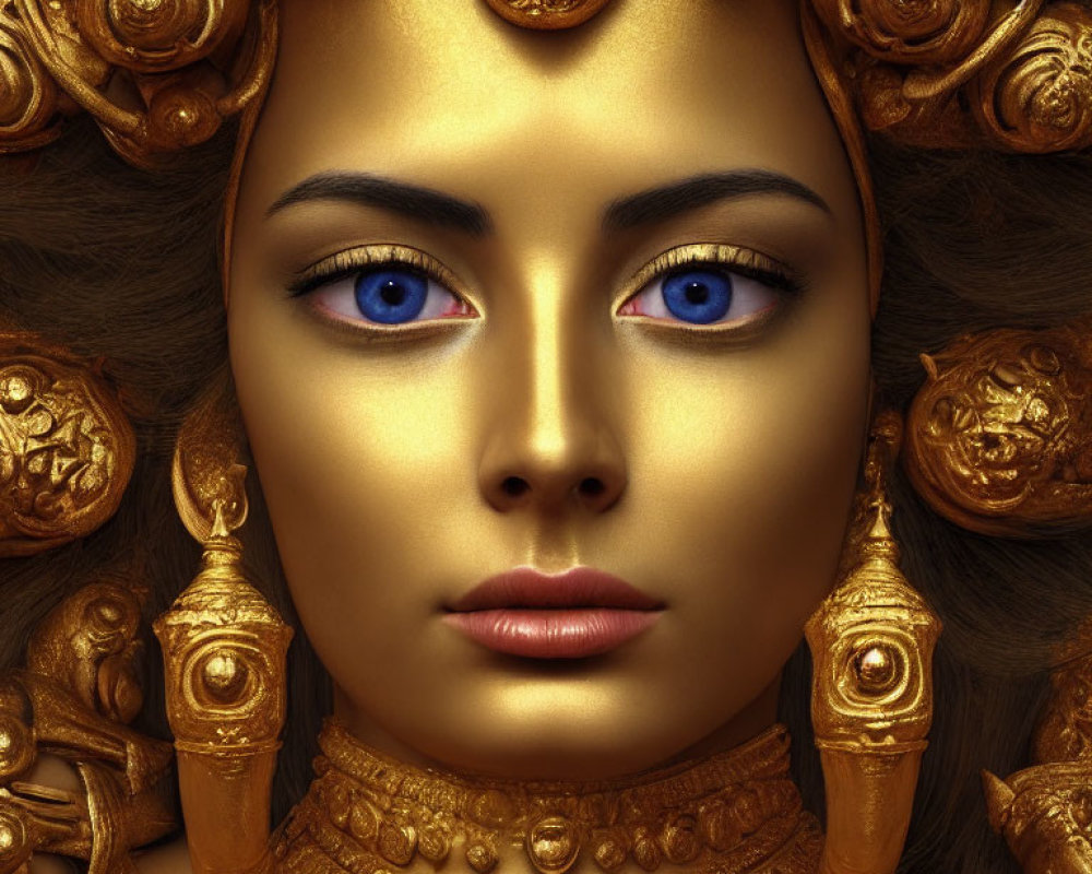 Close-up of woman with ornate golden headdress and jewelry, striking blue eyes.