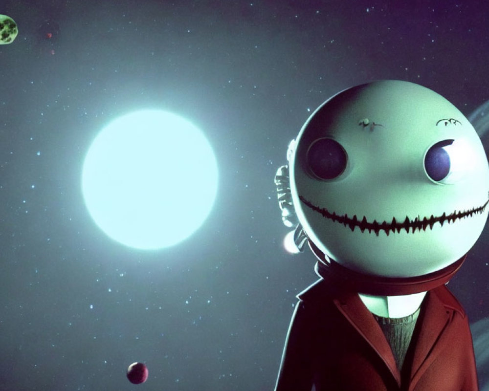 Round white head, stitched mouth, space backdrop with planets and bright star