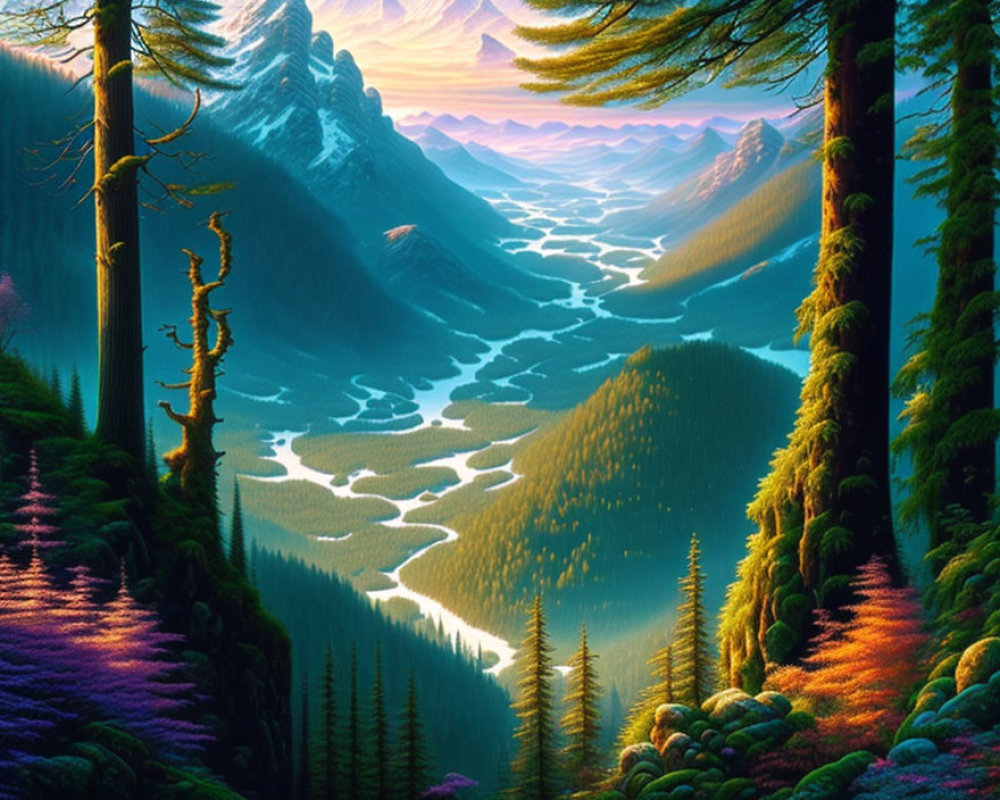 Mystical valley with river, pine forests, mountains at sunrise/sunset