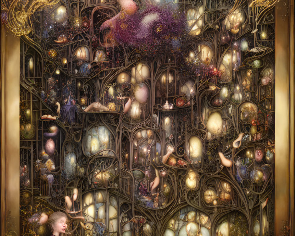 Fantastical artwork: surreal tree, glowing orbs, whimsical creatures & girl in red dress