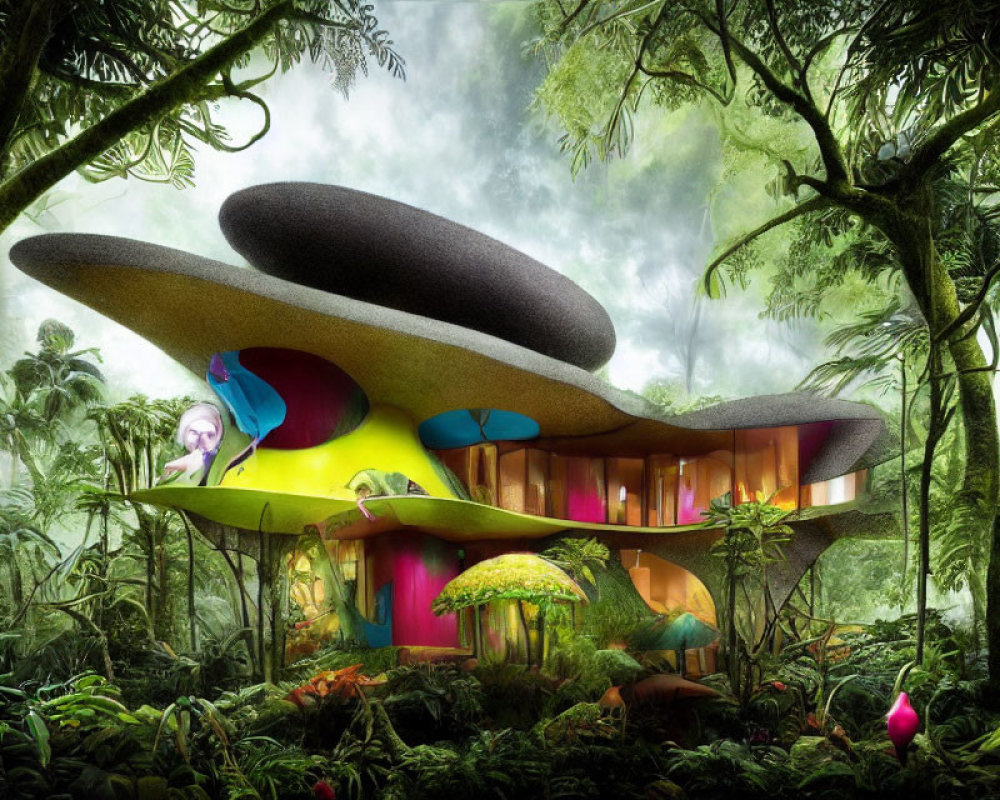 Colorful Mushroom-Like Building in Lush Green Forest