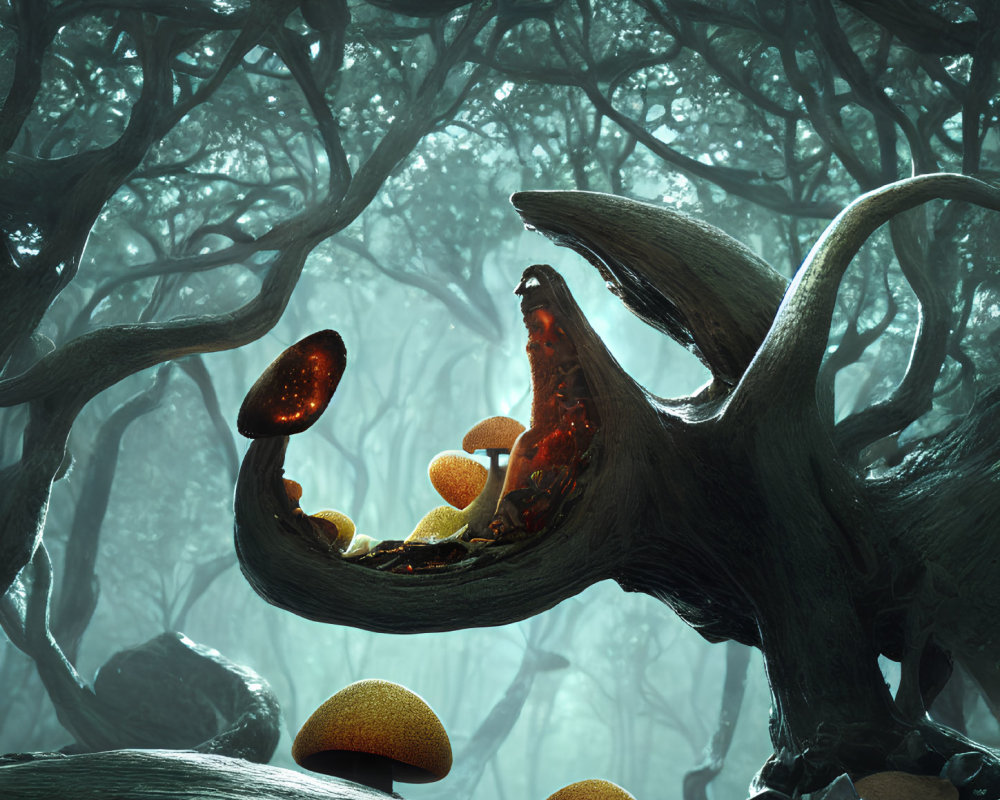 Enchanted forest with glowing mushrooms and ancient trees