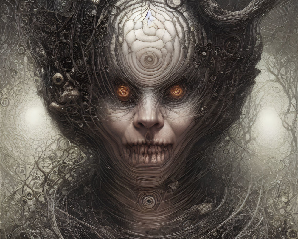 Surreal image: Face with orange eyes, intricate textures, dark aura