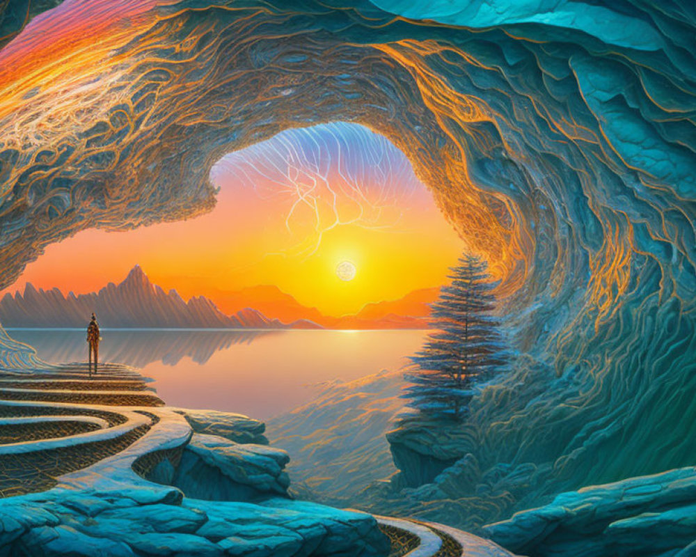 Person standing at edge of maze-like structure in cavern with lake and mountains at sunset