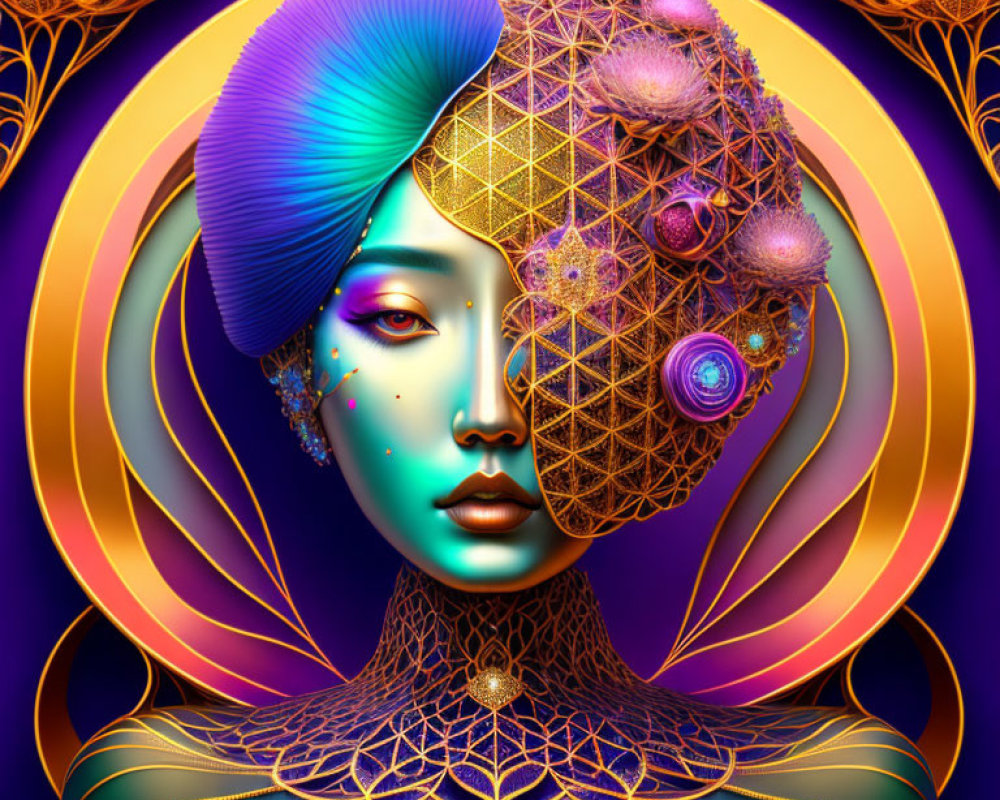 Stylized woman with blue skin and golden headpiece in digital art