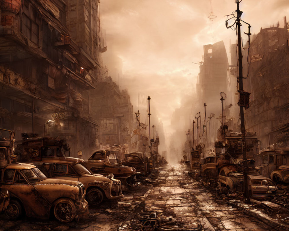 Desolate dystopian city street with abandoned buildings and cars