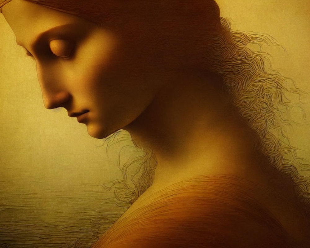 Classical female figure with flowing hair on golden background