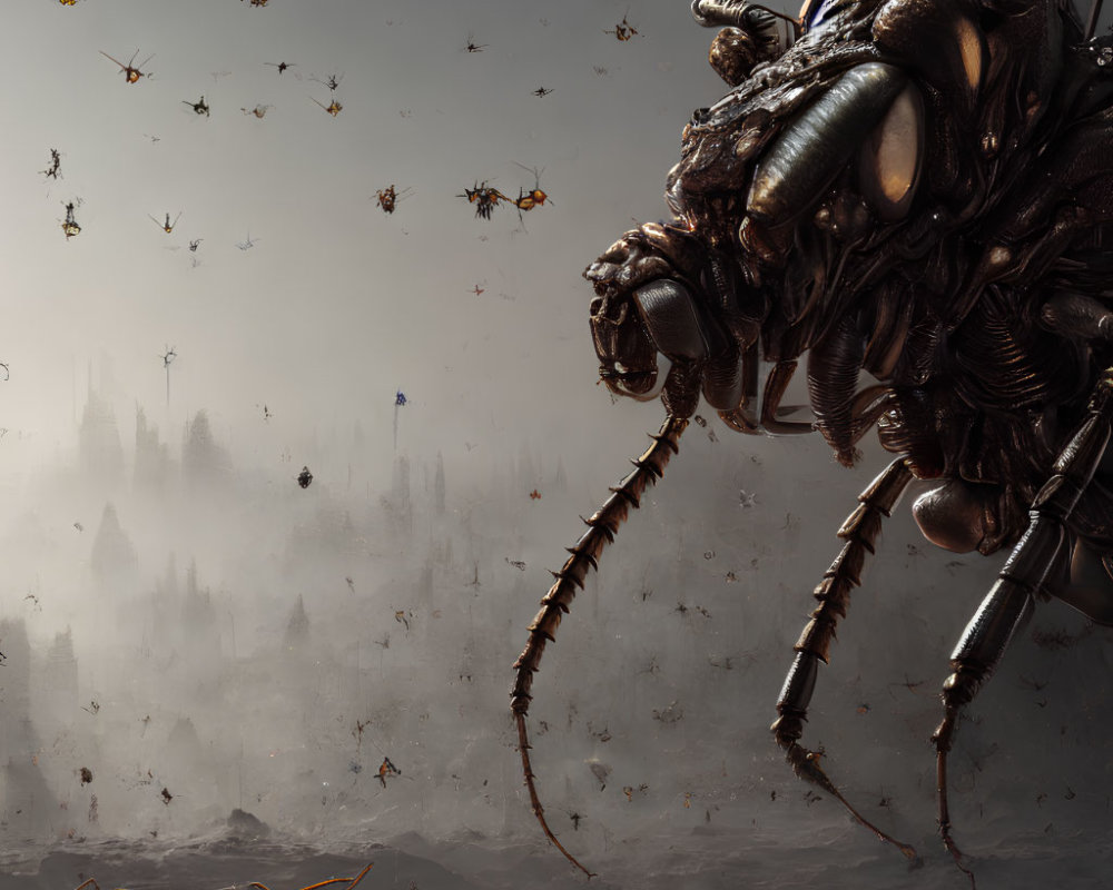 Dystopian landscape with giant mechanical insect and hazy atmosphere