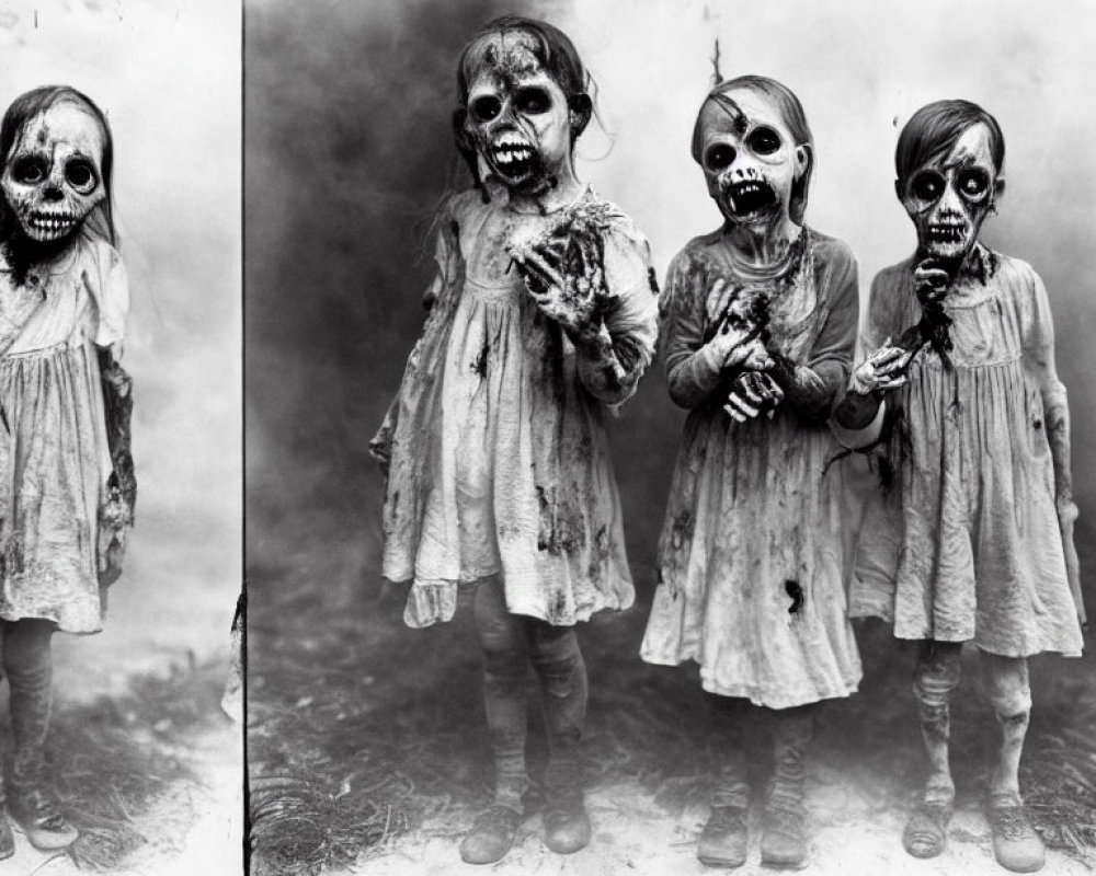 Three children in eerie skull masks and tattered dresses for a vintage Halloween vibe