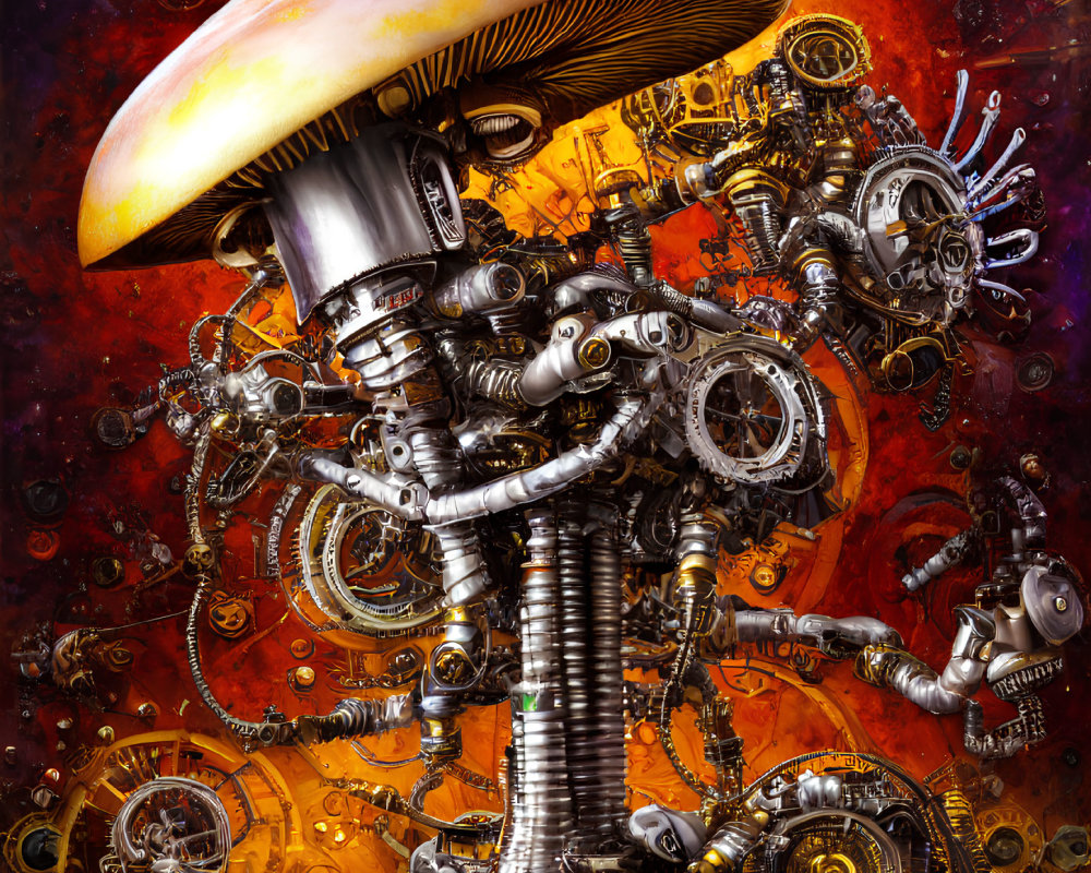 Vibrant artwork of complex mechanical structure with mushroom cap