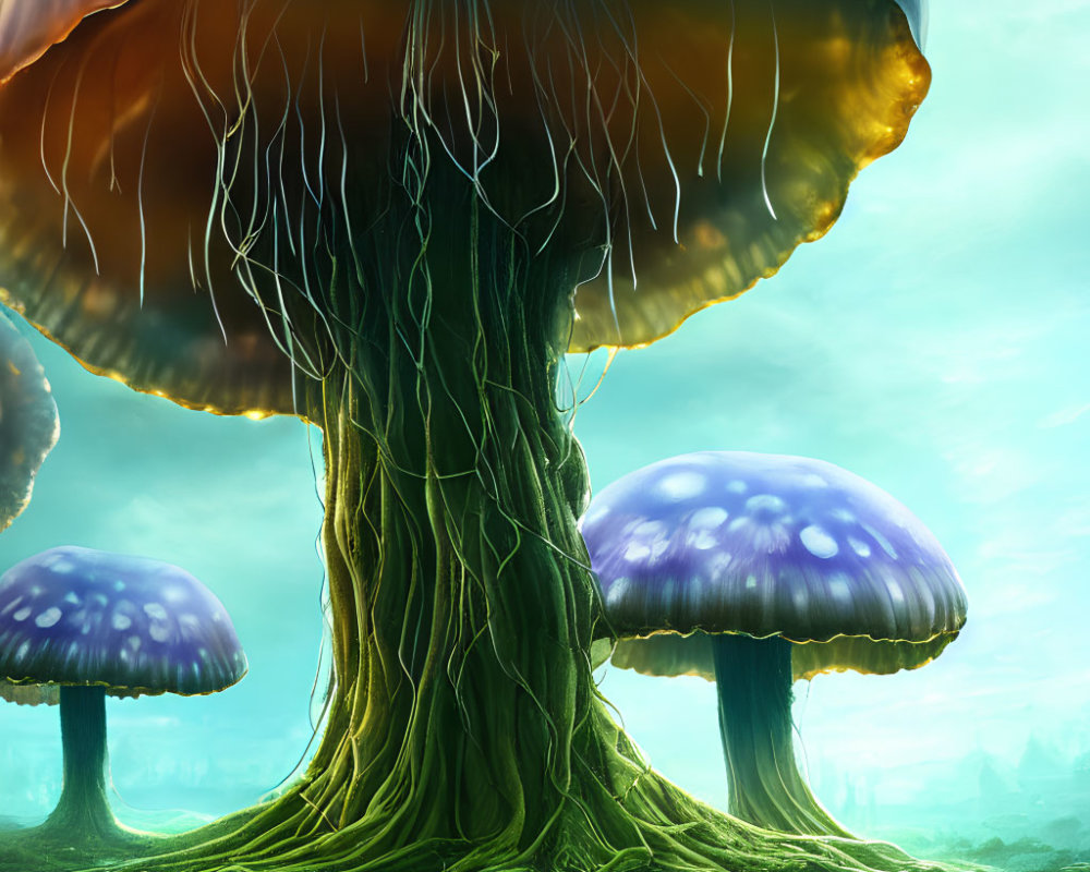 Surreal illustration of oversized mushroom structures and giant jellyfish-like entity in dreamy green setting