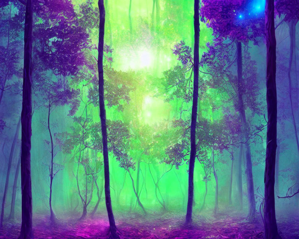 Vivid Purple and Blue Mystical Forest With Green Glow