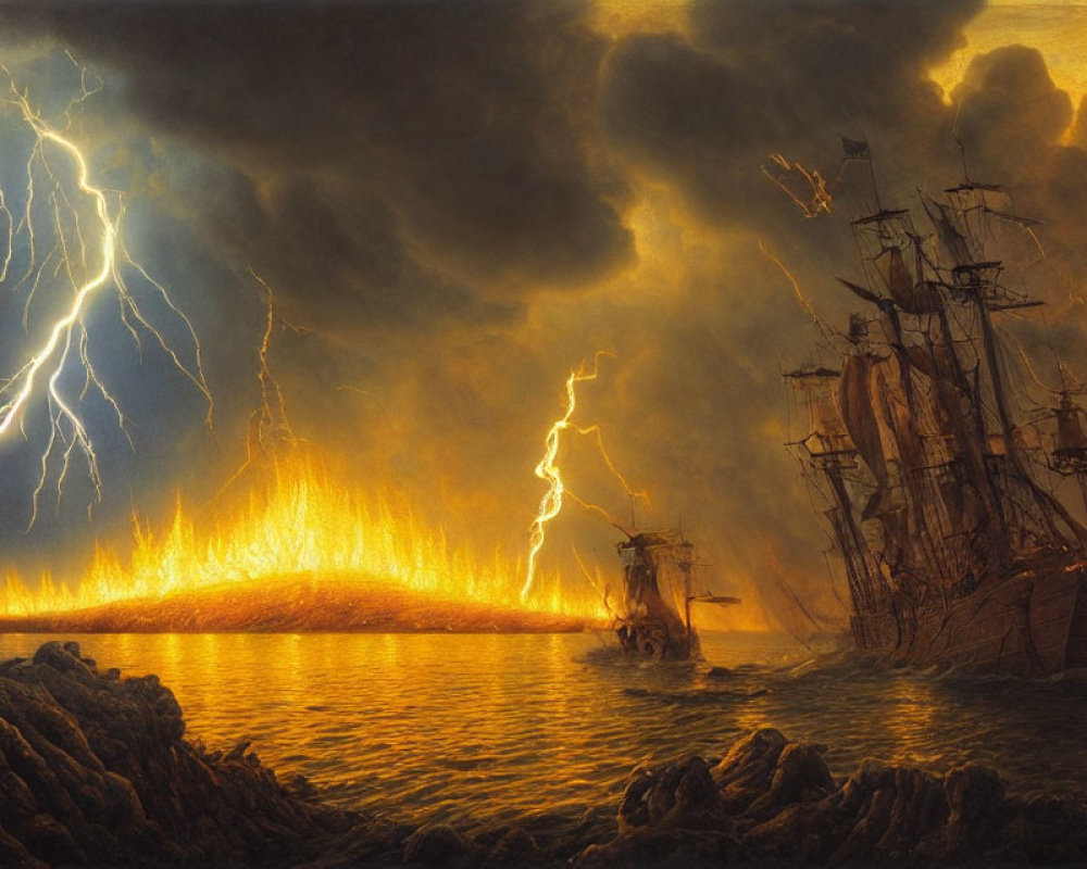 Dramatic maritime scene: tall ships near fiery shore under stormy sky
