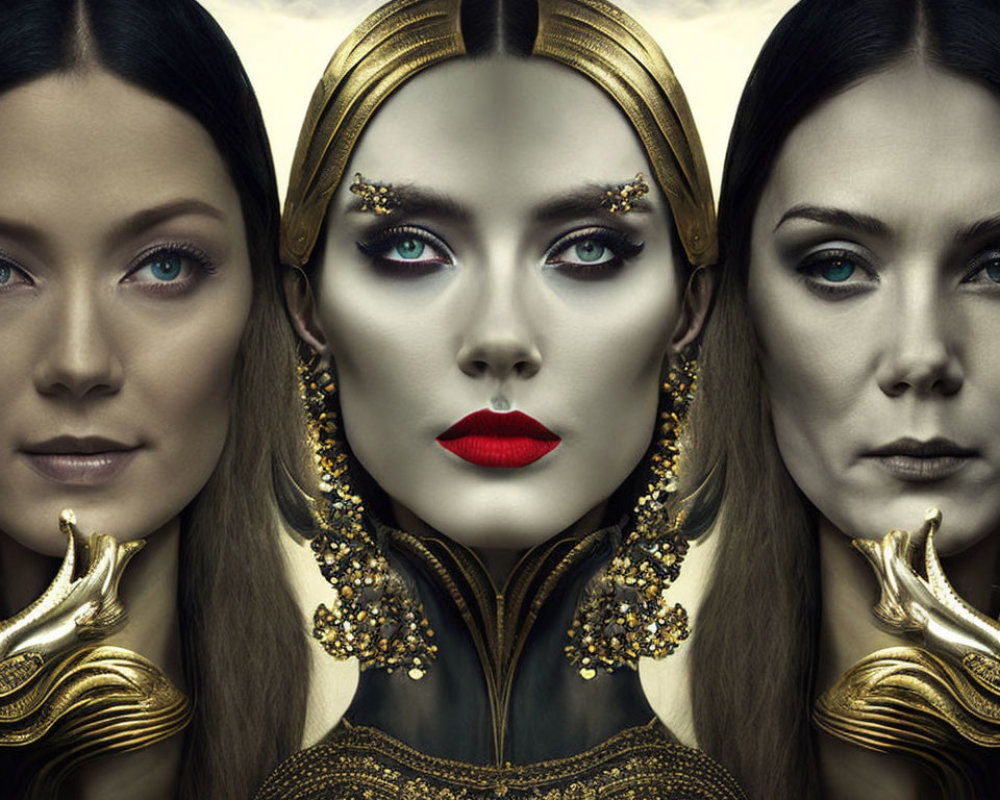 Symmetrical female faces with golden headpieces and bold makeup on cloudy backdrop