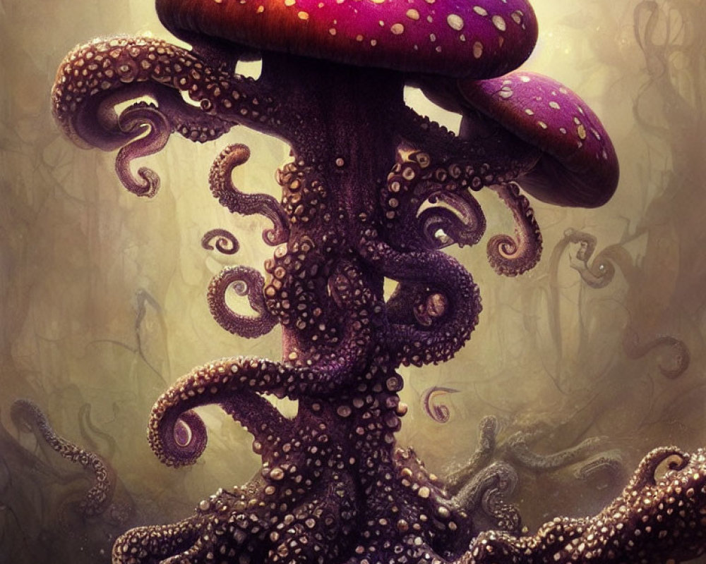 Fantasy illustration of creature with red mushroom cap and purple tentacles in misty setting