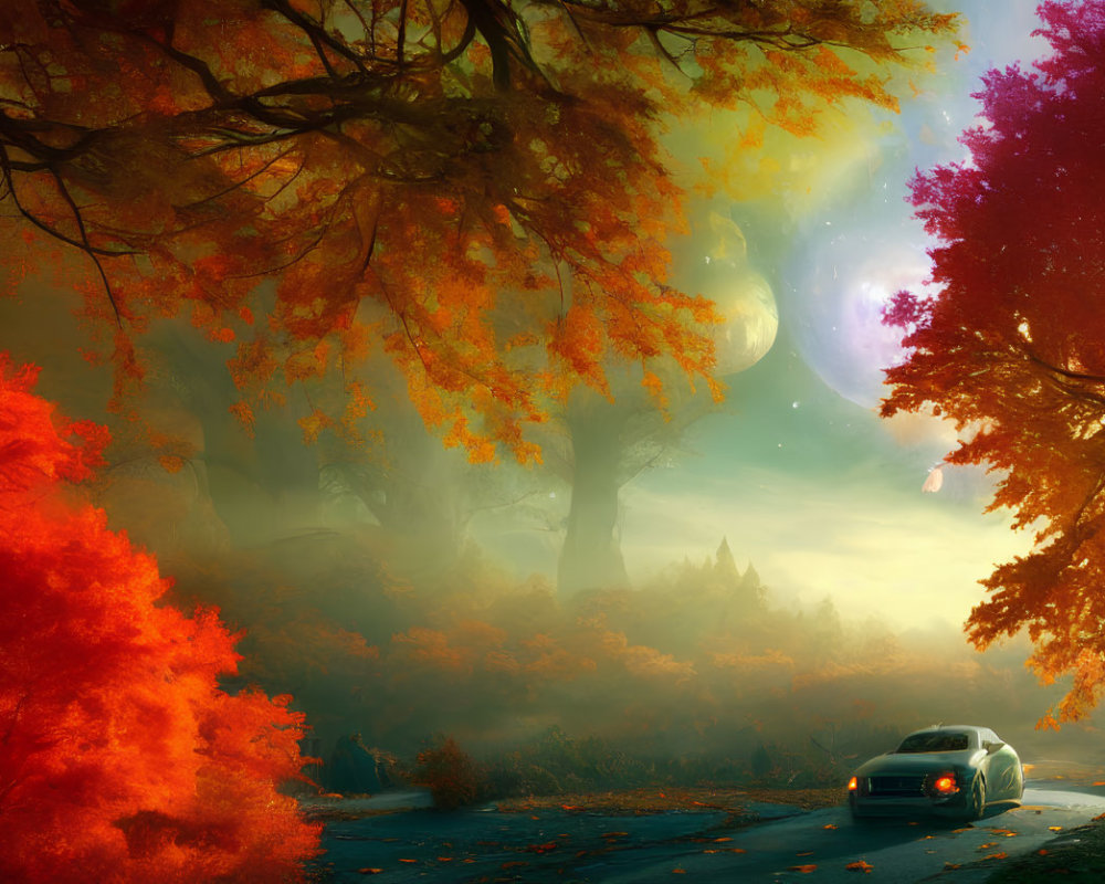 Autumn forest road with red and orange leaves, surreal sky with two moons