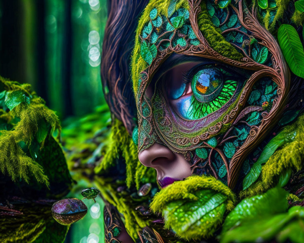 Vibrant green costume with leaf patterns and intricate mask framing a colorful eye