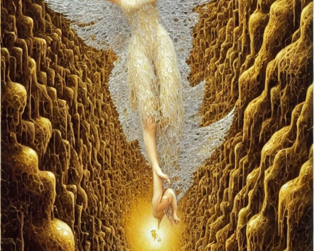 Angel with expansive wings in golden cavernous space radiating light