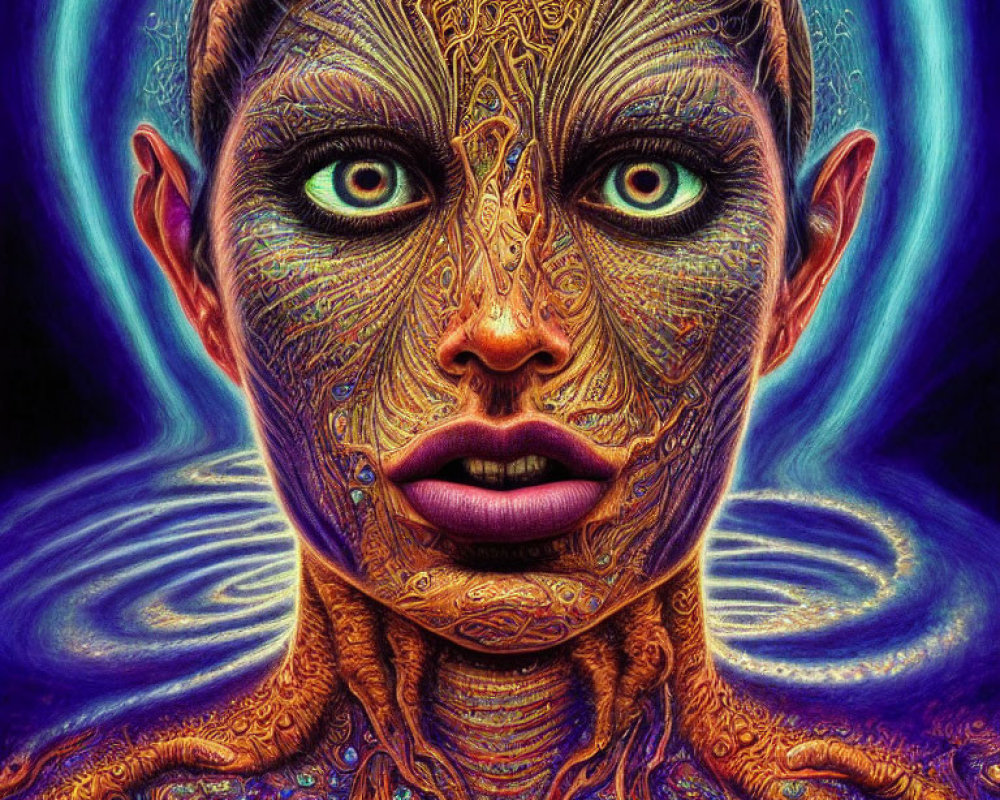 Colorful Symmetrical Psychedelic Portrait with Intense Blue Eyes