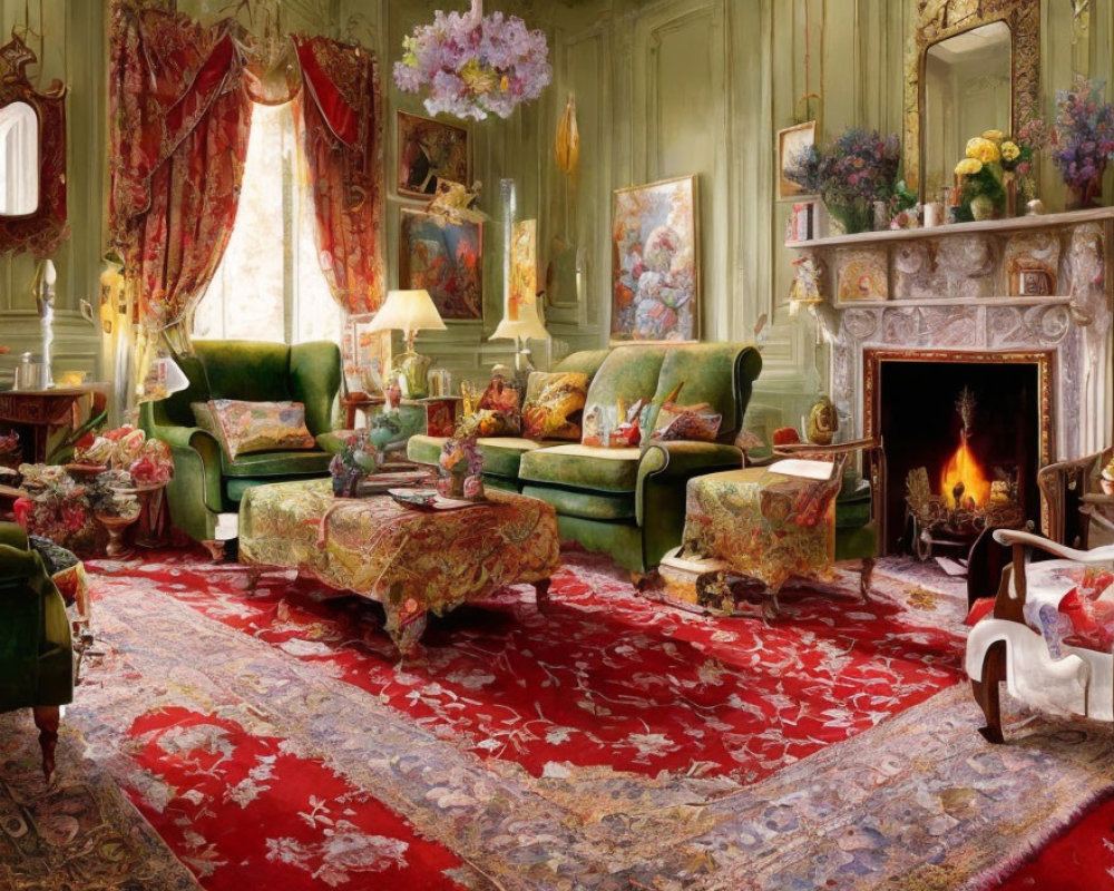 Luxurious Vintage-Style Room with Ornate Furniture and Fireplace