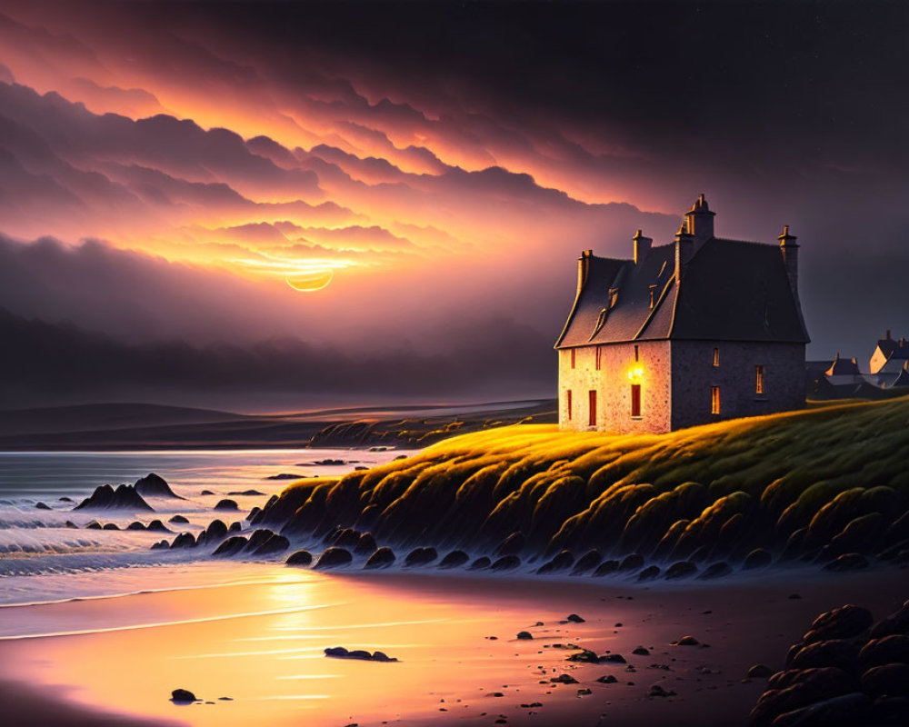 Twilight coastal scene with glowing cottage, dramatic clouds, crescent moon, and tranquil beach.