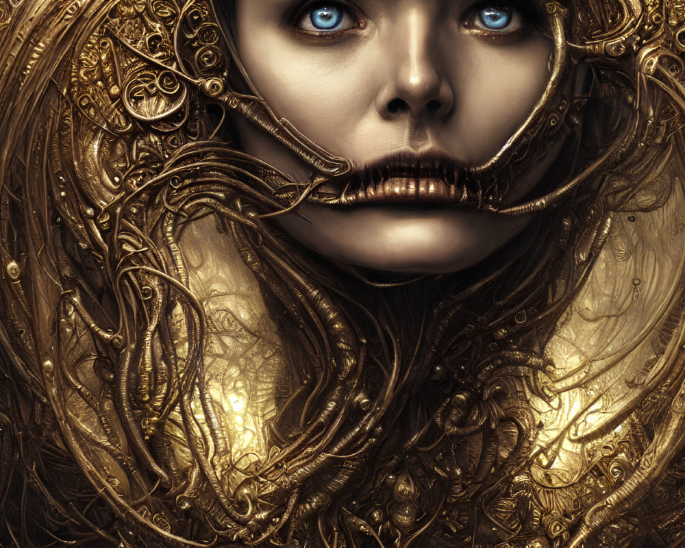 Intricate digital artwork: Woman with blue eyes, golden mechanical mouth.