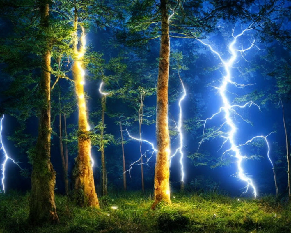 Mystical forest scene with ethereal blue light and lightning effects