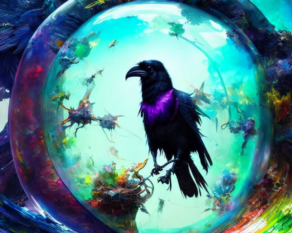 Colorful Raven in Purple Sheen Inside Translucent Bubble