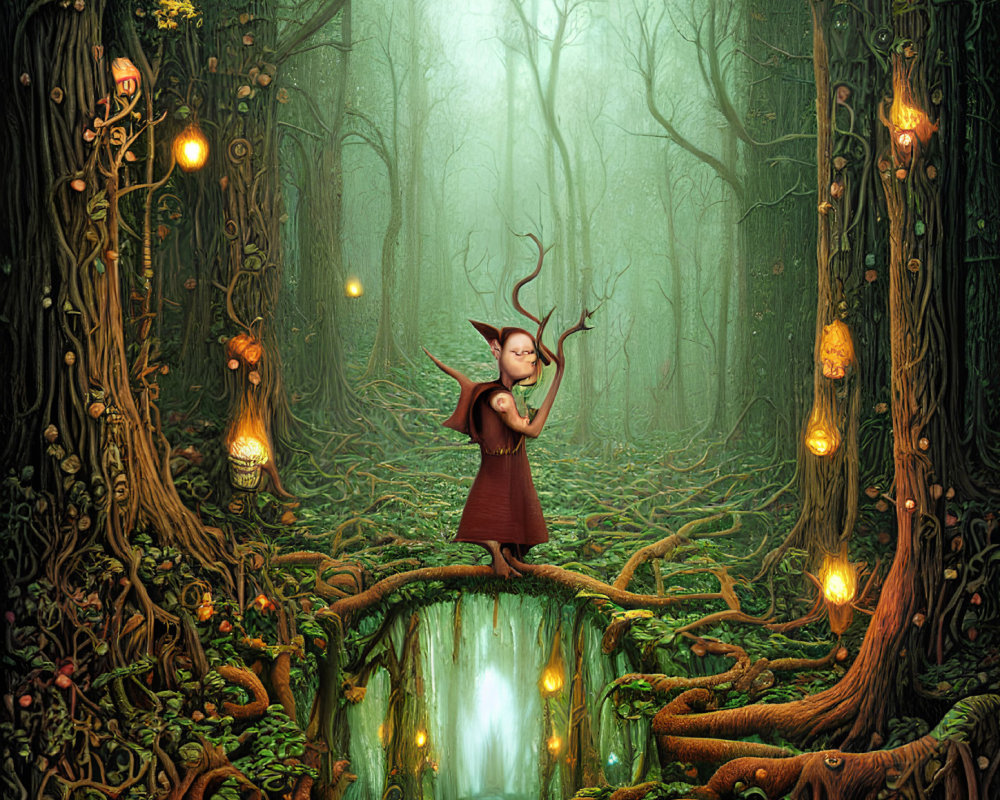 Enchanting forest scene with character playing violin among lanterns