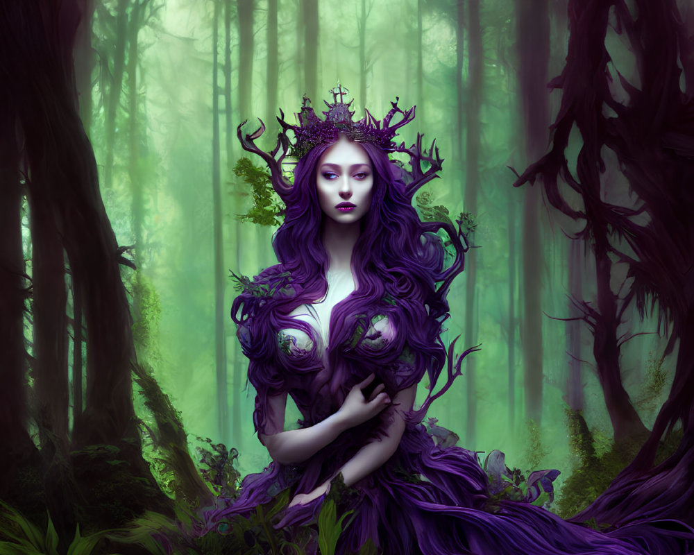 Purple-haired figure with crown in enchanted forest amidst misty backdrop