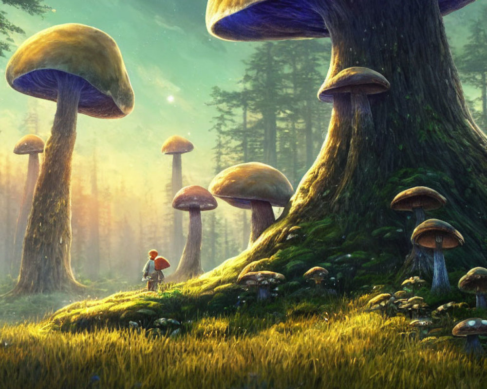 Enchanted forest scene with oversized mushrooms and tiny figure