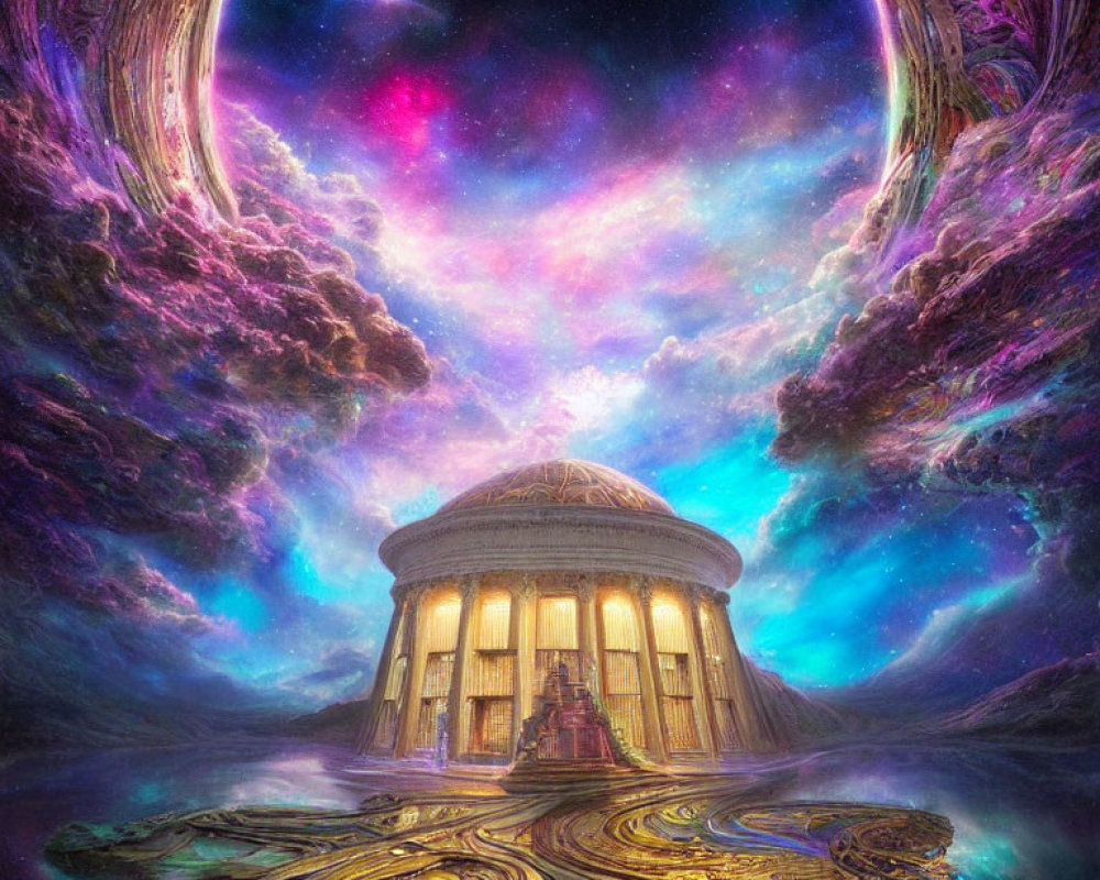 Fantastical image of classical building on cosmic platform beneath starry space portal