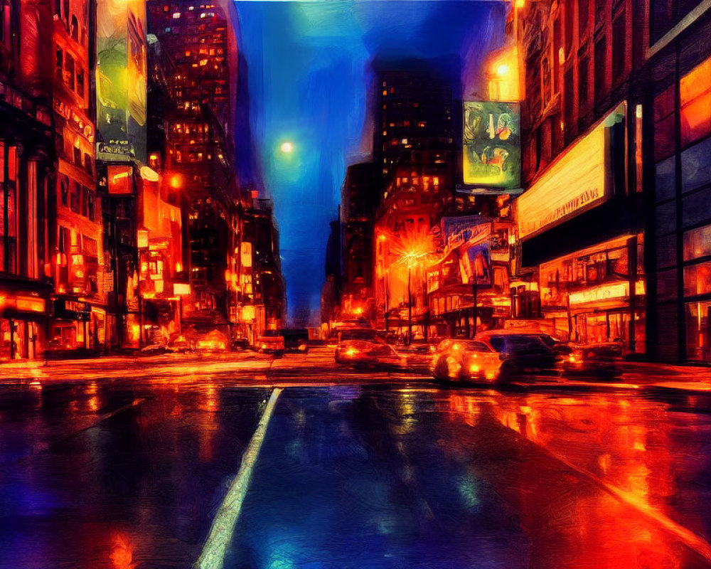 Colorful city street painting with neon signs and blurred car lights