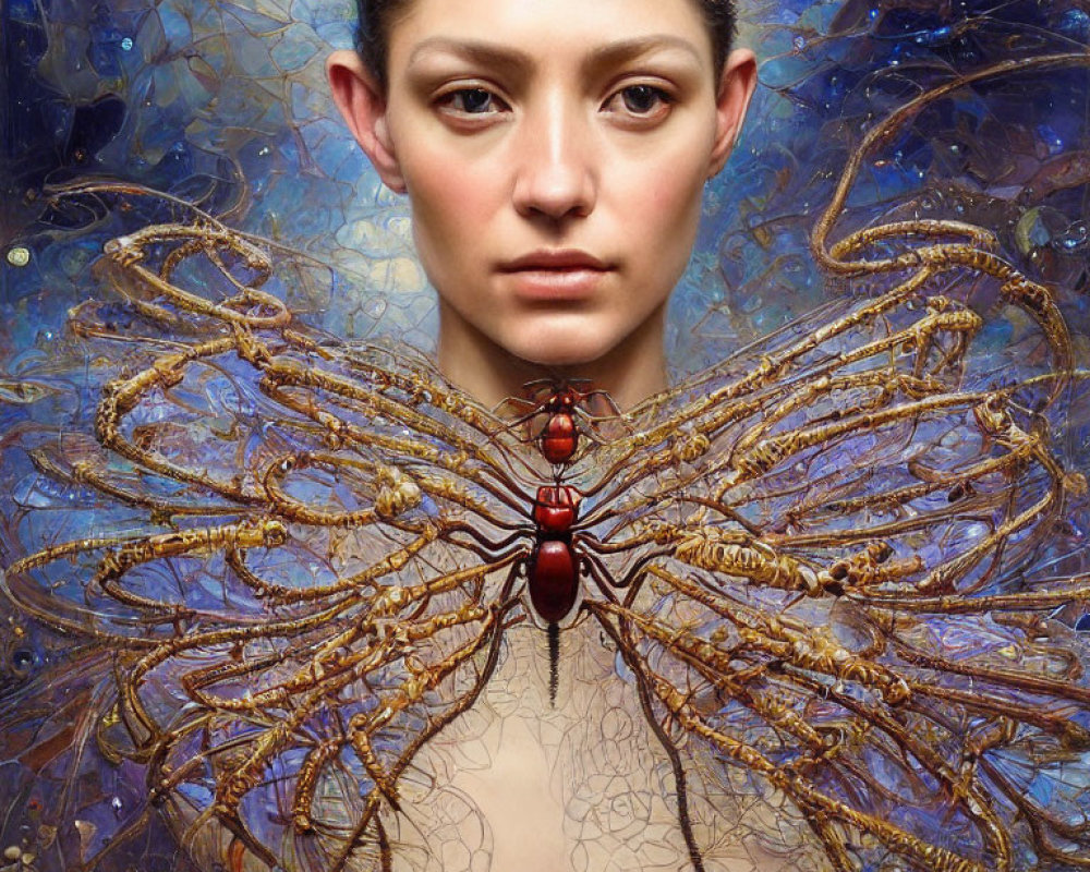 Portrait of person with fantastical wing-like collar and red-gold insect