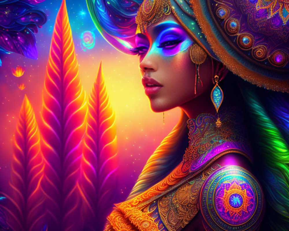 Colorful digital artwork of a woman with golden headdress and ornate attire on vibrant psychedelic backdrop