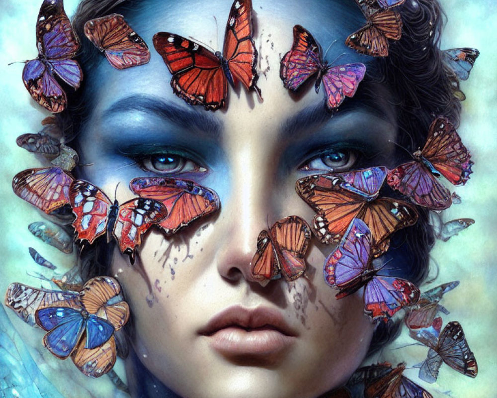 Colorful butterflies surround woman's face with vibrant blue eyes