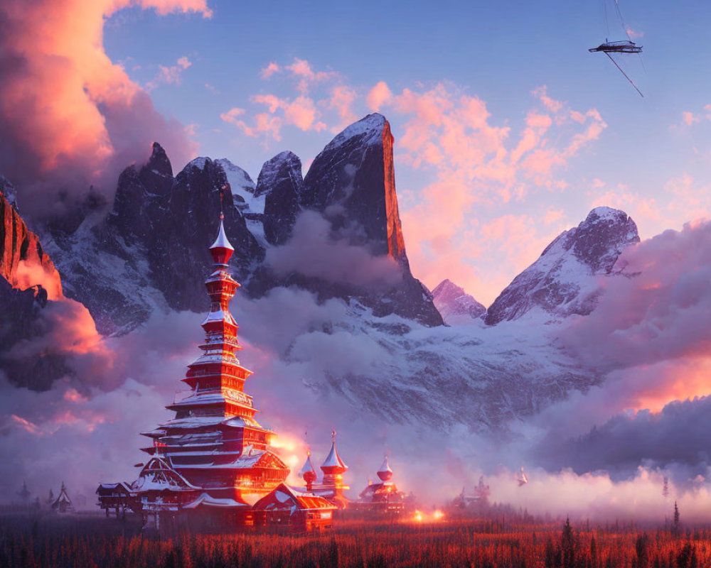 Fantastical landscape with illuminated pagoda, mountains, and futuristic airship