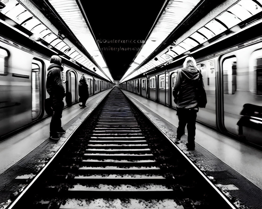 Monochrome photo: People on subway platform with stopped train.