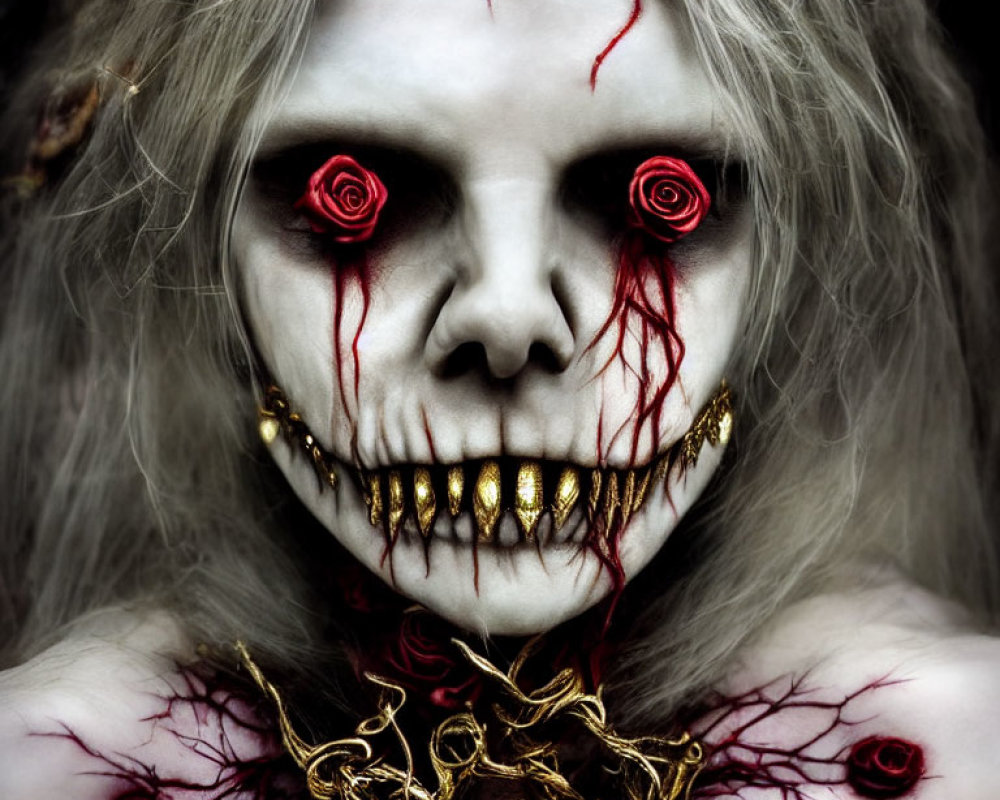 Skull-like makeup with red eyes, gold teeth, and symbolic red markings