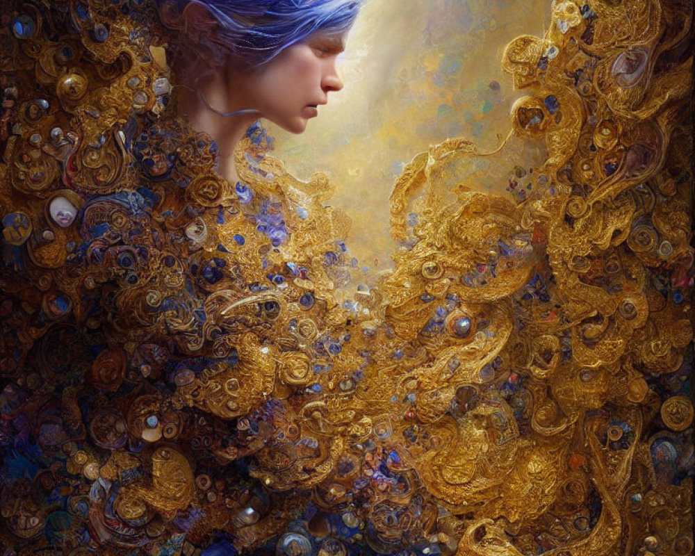 Person with Blue Hair Blending into Ornate Gold Textured Background