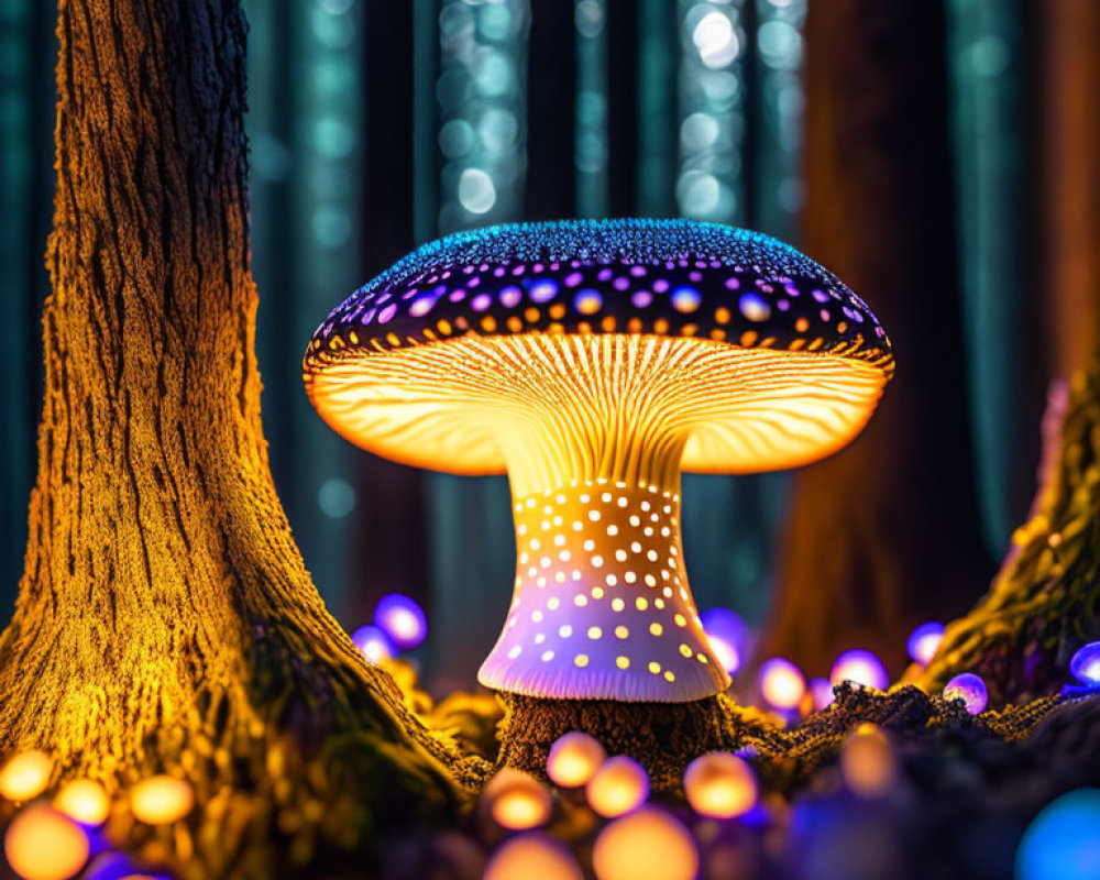 Fantasy-style illuminated mushroom in mystical forest