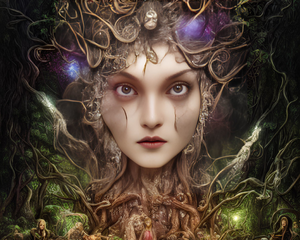 Fantastical image of woman with mystical forest elements and ethereal glows