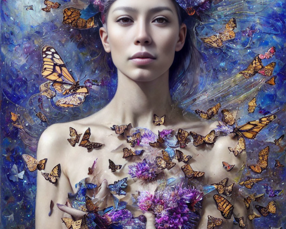 Woman in mystical setting with butterflies and flowers