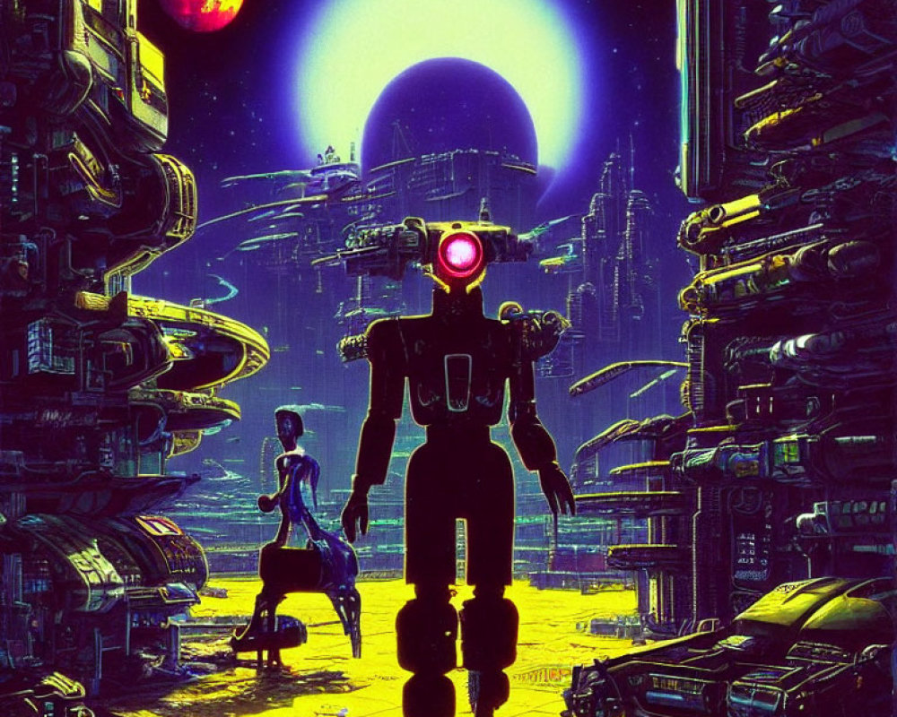 Futuristic cityscape at night with neon lights, moon, red planet, towering buildings, robot